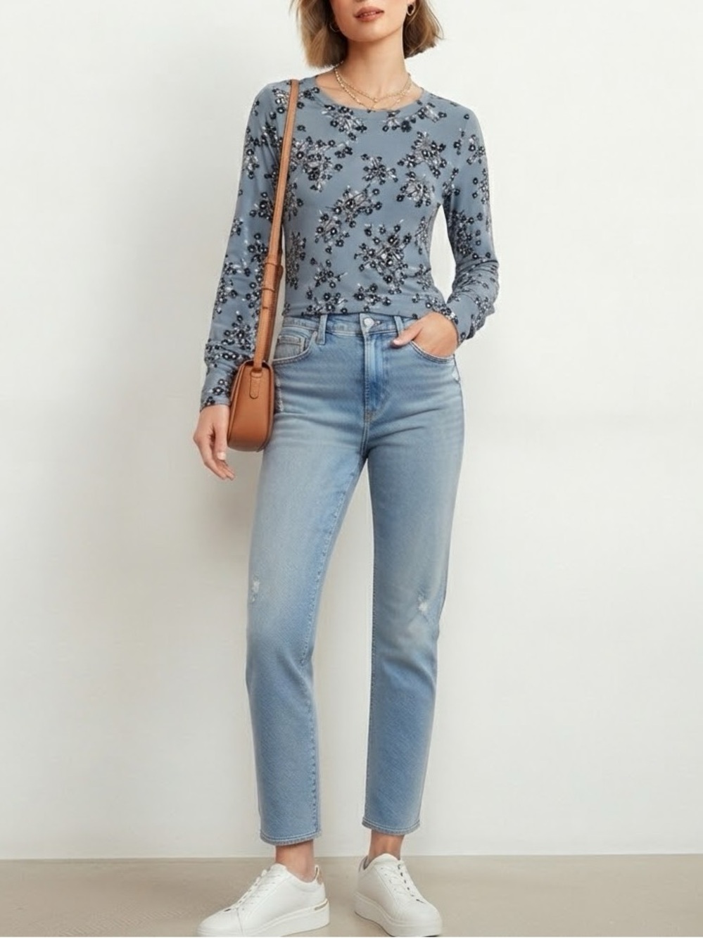 Women's Light Blue Floral Long-Sleeve Blouse